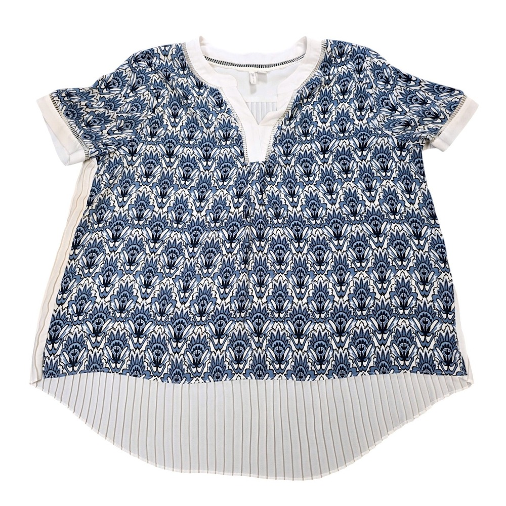 Cato Womens Floral Mixed Media Blouse Women's Size L Blue White Pleated High Low